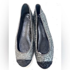 GIUSEPPE ZANOTTI GREY GLITTER CAP TOE BALLET FLATS